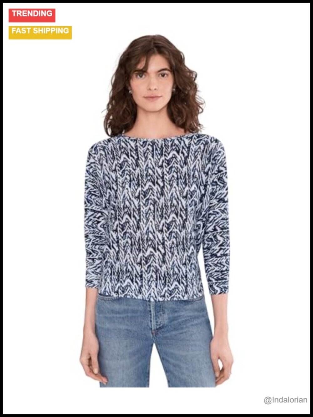 NIC+ZOE Indigo Crosshatch Sweater Lightweight Boat Neck 3/4 Sleeve Pullover
